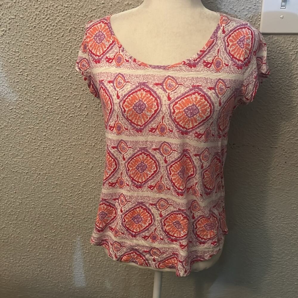Lucky Brand Printed Crew Neck Short Sleeve Tee S Boho Casual Festival Hippie